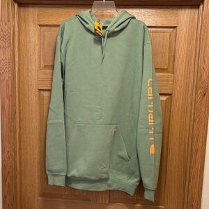 Carhartt Sage Green Hoodie with Orange Accents Mens L Tall